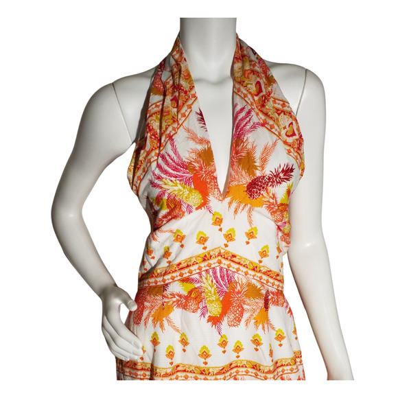 Taylor Pineapple Print Maxi Dress Halter Smocked Cotton NWT Size 10 - Picture 2 of 8